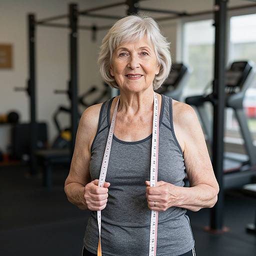 Photograph of an elderly woman with short white hair, wearing a gray tank top, holding a measuring tape in a gym.