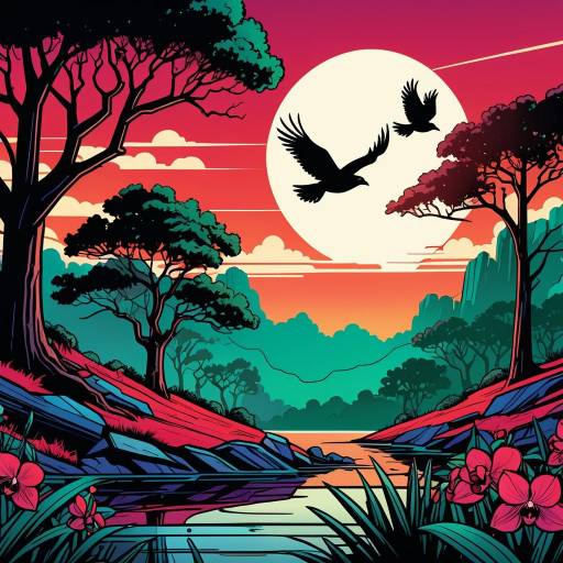 Stylized Sunset Jungle Landscape with Birds