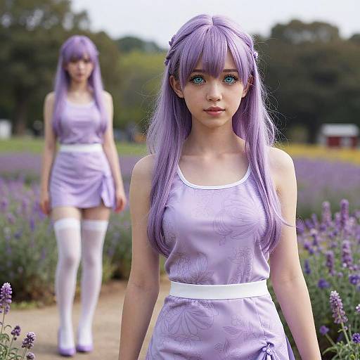 Digital artwork of two young women with long purple hair, wearing lavender dresses and white thigh-high socks, standing in a lavender field. Background: blurred trees