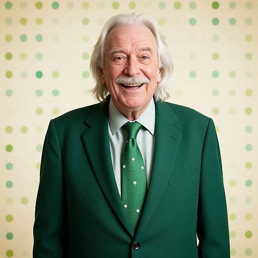 Photograph of an elderly man with white hair and mustache, smiling, wearing a dark green suit, white shirt, and green polka-dotted