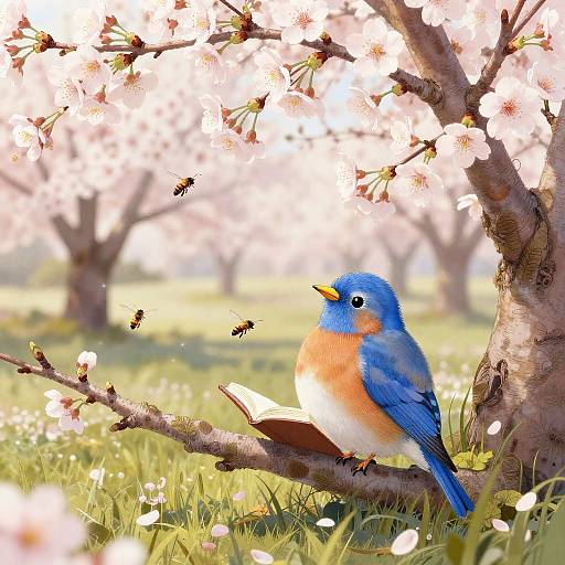 Cheerful Bluebird Poet in Spring Orchard