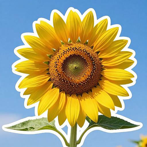 Vibrant close-up photograph of a sunflower with bright yellow petals and a dense brown center, outlined in white, against a clear blue sky.