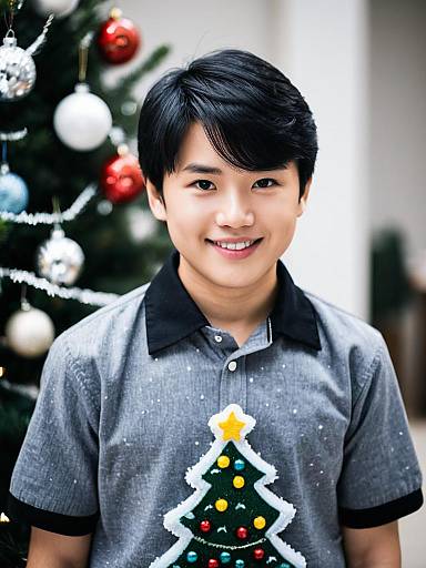 Realistic Asian Boy by Christmas Tree