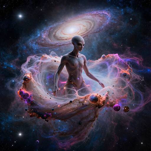 Digital artwork of a bald, muscular, nude human with glowing aura, surrounded by swirling cosmic energy, planets, and a luminous galaxy.