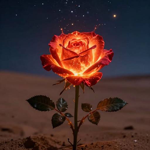 Photograph of a glowing red rose with fiery petals, standing in a dark, starry night sky, surrounded by desert sand.