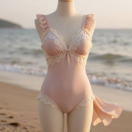 Photograph of a pale pink lace-trimmed one-piece swimsuit on a mannequin torso, standing on a sandy beach with ocean waves in