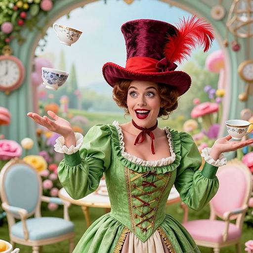 Whimsical digital art of a curly-haired woman in a green corset dress, red top hat with a feather, making teacups float in