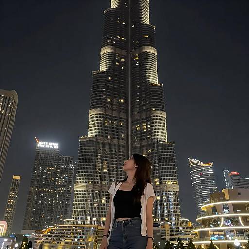 Nighttime Awe: Woman Gazes at Burj Khalifa