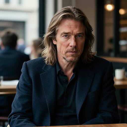 Photograph of a middle-aged man with shoulder-length blonde hair, blue eyes, and a goatee, wearing a black blazer and shirt, sitting