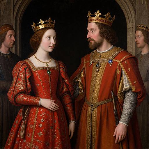 Renaissance-style painting of a bearded king in red velvet robes and gold crown, standing beside a queen in a red embroidered gown, both wearing