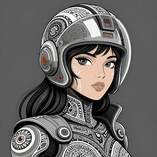 Digital illustration of an East Asian woman with black hair in a futuristic, armored helmet and intricate mechanical attire, set against a dark gray background.