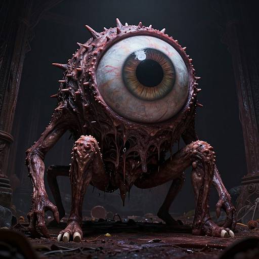 CGI horror creature with a large, detailed eye, spiked, dripping, grotesque skin, crouched menacingly in a dark, eerie,