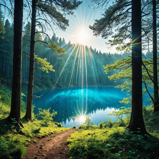 Sunlit Forest Path by Crystal Blue Lake Sunlit Forest Path by Crystal Blue Lake