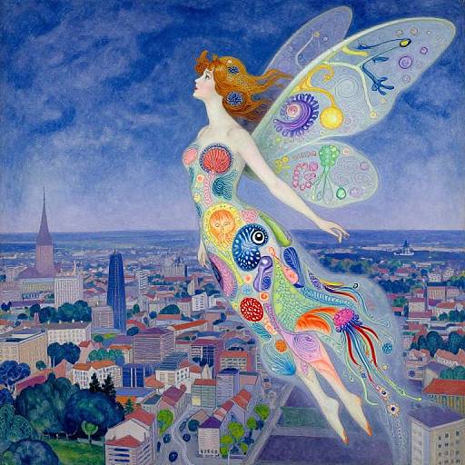 Vibrant fairy with intricate, colorful wings flies over a detailed cityscape in this digital artwork, blending fantasy and realism.