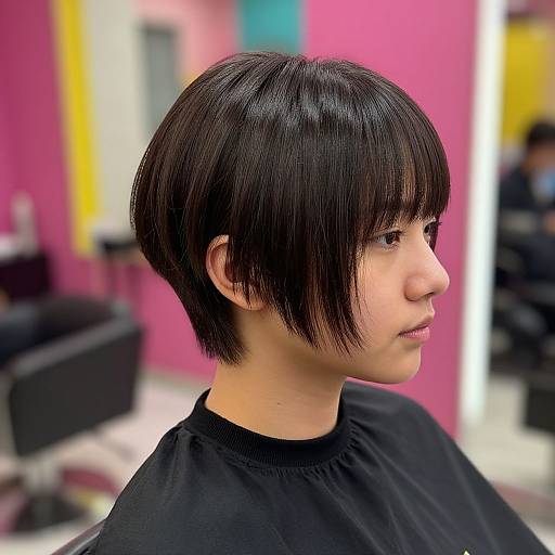 Photograph of an Asian woman with a sleek, black bob haircut, wearing a black salon cape, in a brightly colored salon.