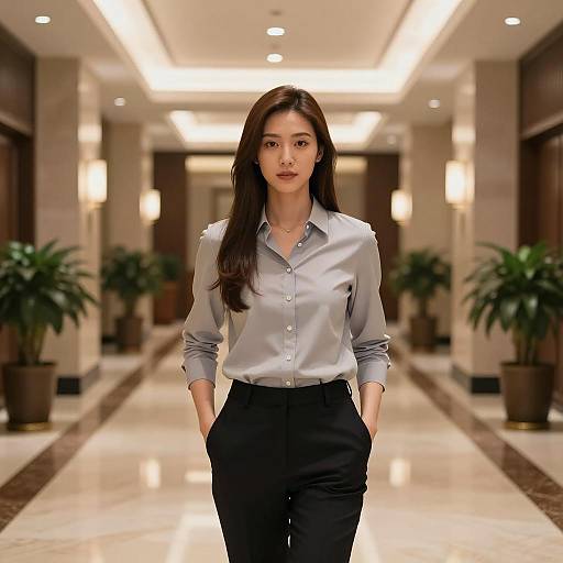 Asian Woman in Business Attire Standing in Hotel Hallway