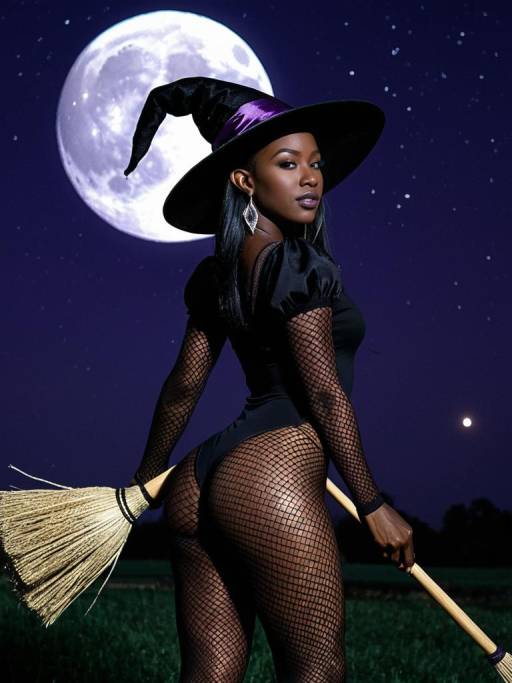 Dark Elf Witch with Broom Under Full Moon