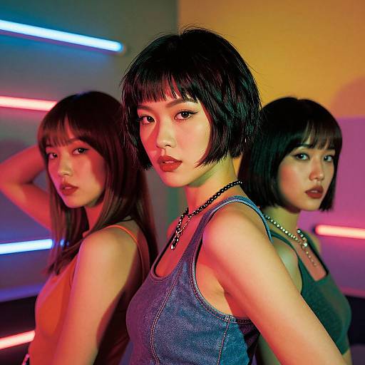 Photograph of three Asian women with black bob haircuts, wearing denim tank tops and necklaces, standing back-to-back under neon lights.