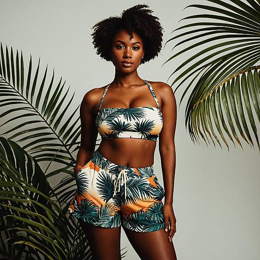 Woman in Tropical Print Tube Top and Shorts
