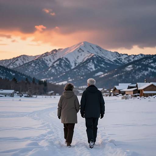 Elderly Couple Walking in Snowy Landscape