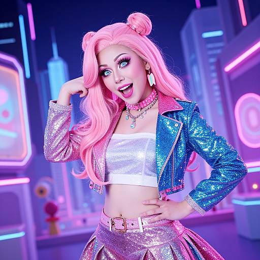 Photorealistic digital artwork of a pink-haired woman in neon pink and blue sequin outfit, striking a pose in a futuristic, neon-lit city
