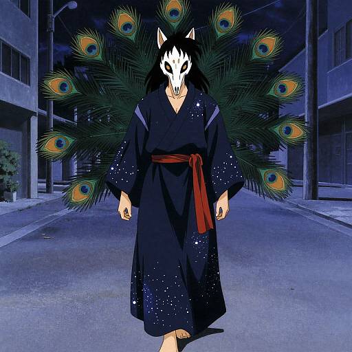 Digital art of a masked figure with a white fox face, black kimono, red sash, and peacock tail, walking down a blue-l