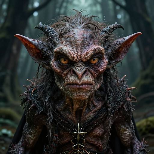 Photorealistic CGI goblin with textured, wrinkled skin, glowing yellow eyes, dark curly hair, and large pointed ears in a misty forest