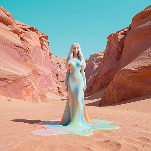 CGI image of a long-haired, pale-skinned woman in a translucent, ethereal blue-green dress standing in a bright desert canyon with red rock