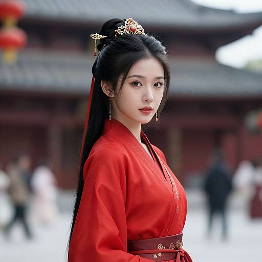Photograph of an elegant East Asian woman with fair skin, long black hair in a bun, wearing a red traditional Korean hanbok, gold hair