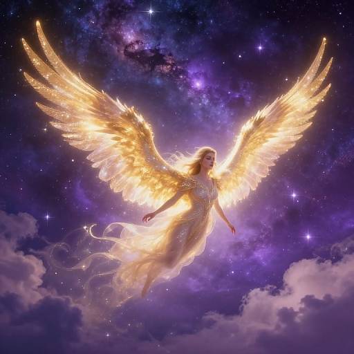 Digital artwork of a glowing, golden-winged angel with flowing dress, floating in a starry, purple cosmic sky with clouds.