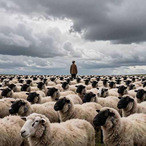Photograph of a shepherd in a brown coat standing alone in a dense field of black-and-white sheep under a cloudy sky.