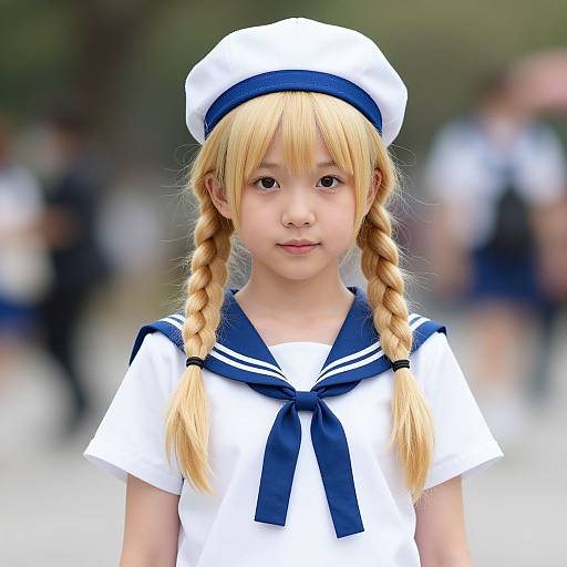 Photograph of a young Asian girl with blonde pigtails, wearing a white sailor uniform with a navy-blue hat and neckerchief. Blurred