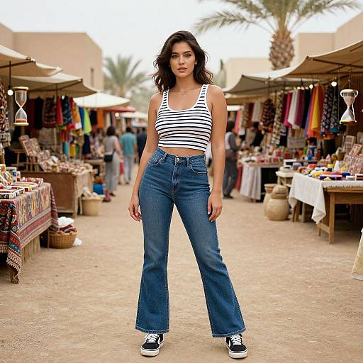 Photograph of a confident woman with wavy black hair, wearing a striped tank top, high-waisted blue jeans, and black sneakers, standing
