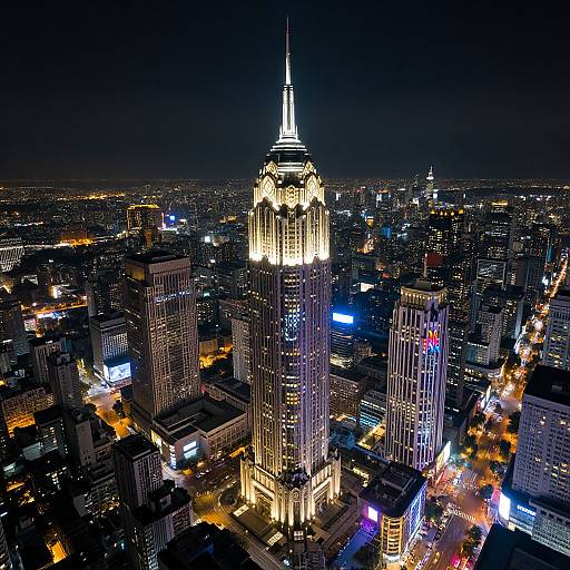 Aerial photograph of a brightly illuminated Empire State Building at night, surrounded by a sprawling, colorful cityscape with glowing lights.