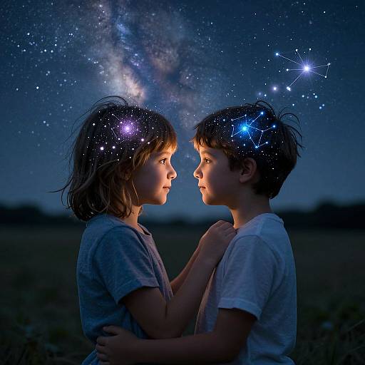 Photograph of two children with star constellations in their hair, facing each other under a starry night sky, wearing white shirts, hands gently