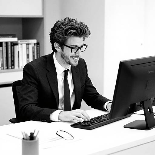 Black-and-white photograph of a smiling, bearded man with wavy hair and glasses, wearing a suit and tie, typing on a computer in a