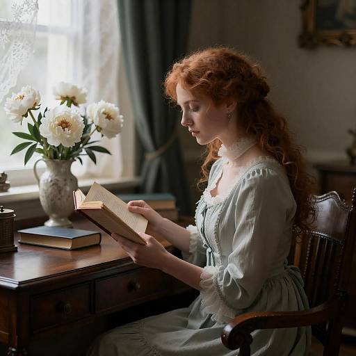 Woman in Victorian Dress Reading by Window