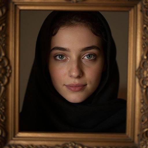Photograph of a young girl with blue eyes, fair skin, and dark brown hair covered by a black headscarf, framed in an ornate