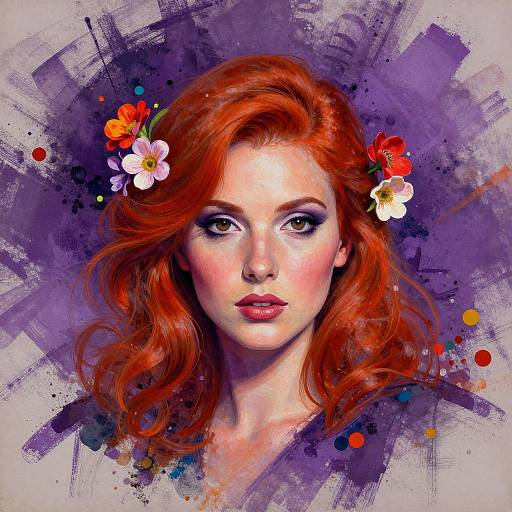 Digital painting of a fair-skinned woman with vibrant red hair, adorned with colorful flowers, set against a dynamic purple abstract background.