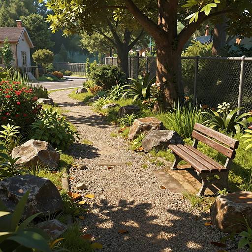 Sunlit gravel path with wooden bench, rocks, and lush greenery, bordered by a fence, trees, and a house in the background.
