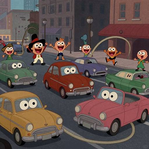 Cartoon street scene with six smiling, wide-eyed cars and four excited, stick-figure people jumping between vintage cars on a city street.