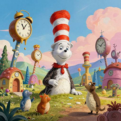 Digital illustration of Dr. Seuss's Cat in the Hat standing in a whimsical village with colorful clocks, houses, and animals under a bright blue