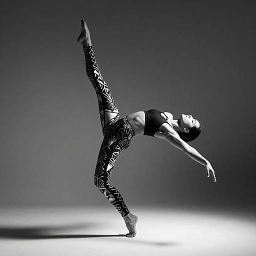 Black-and-white photograph of a dancer in a side split, arms extended, wearing patterned pants and a cropped top, against a gradient background. Dynamic