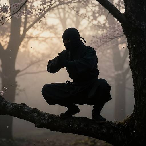 Silhouetted ninja crouches on tree branch, aiming rifle in misty, moonlit forest with cherry blossoms, creating a mysterious,