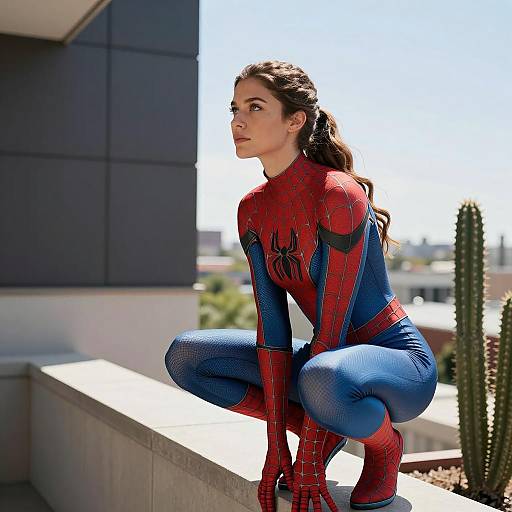 Crouching Woman in Spider-Man Costume