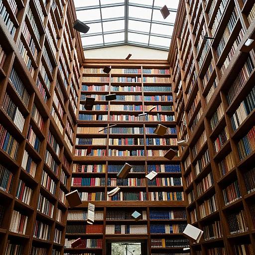 Photograph of a grand library interior with tall, wooden bookshelves filled with colorful books, a large skylight, and floating papers.