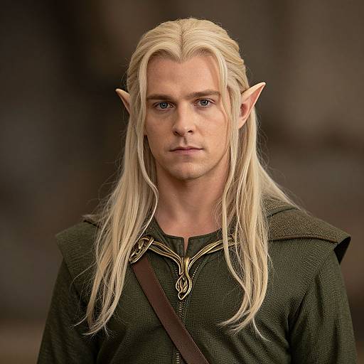 Digital CGI portrait of a handsome, blonde, long-haired elf with pointed ears, wearing a dark green, medieval-style tunic, and brown strap,