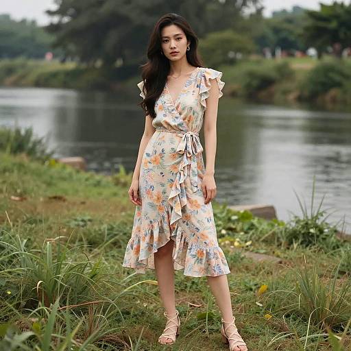 Photograph of a young woman with long dark hair, wearing a floral, ruffled, knee-length dress and beige sandals, standing by a riverside