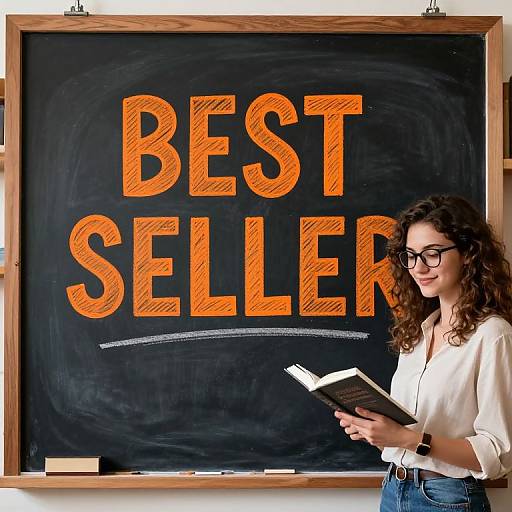 Photograph of a curly-haired woman with glasses, white blouse, and blue jeans, reading a book in front of a blackboard with 