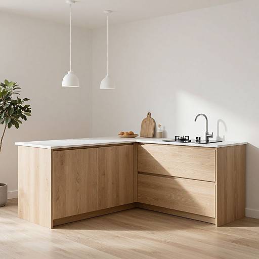 Photograph of a minimalist kitchen with light wood cabinets, white countertop, stainless steel sink, two white hanging lights, wooden cutting board, and green